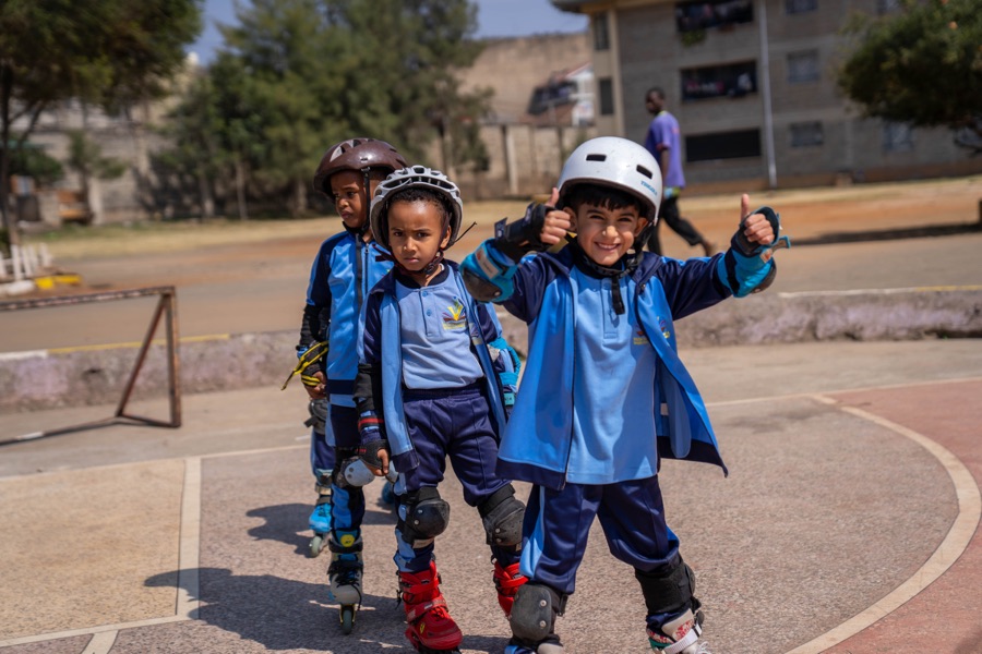Pupils rollerblading at Huda Integrated School